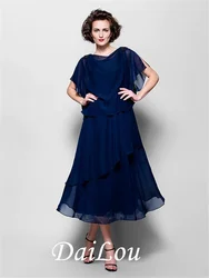 A-Line Mother of the Bride Dress Plus Size Elegant Cowl Neck Tea Length Chiffon Short Sleeve with Ruffles 2021