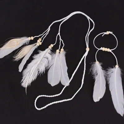 1 Set Bohemian White Peacock Feather Headband Bracelet Ostrich Feather Headdress European American Holiday Hair Accessories