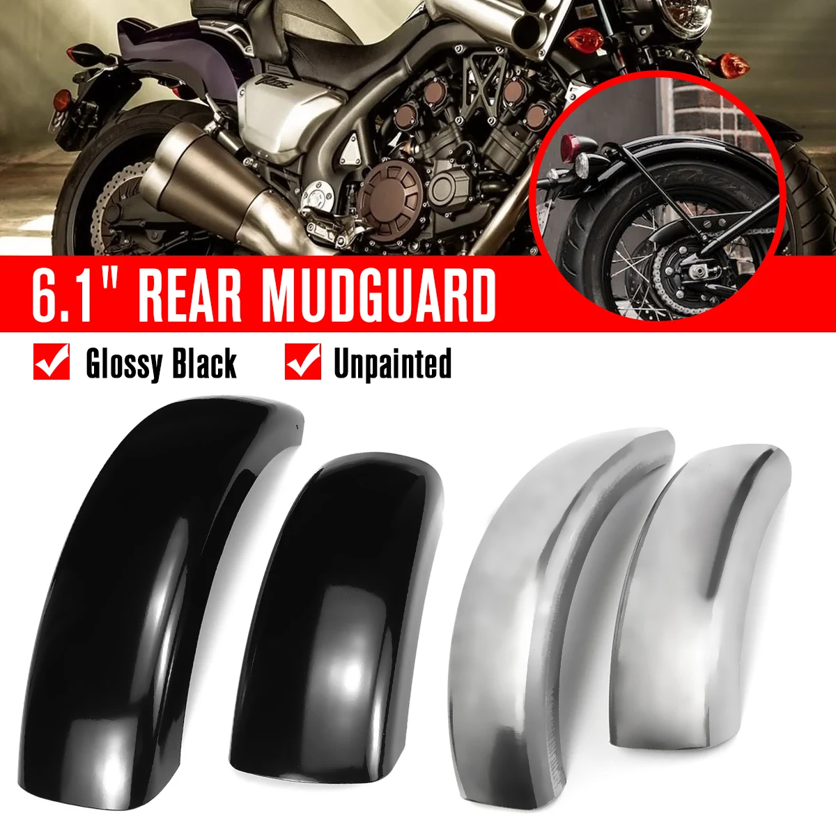 

6.1"/15.5cm Glossy Black Flat Motorcycle Rear For Fender Flares Trailer Motorbike Mud Flaps Splash Guard Long for Harley Bobber