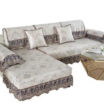 

European Sofa Cover With Skirt Side Ice Silk Fabric Sofa Cushion Covers L Shaped Sofas Protector 1Pcs Summer Non-slip Seat Mat