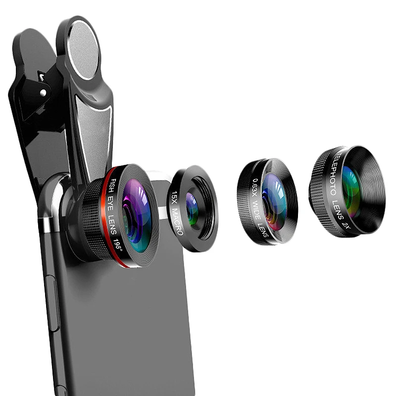 

4 In 1 Phone Lens 0.63X Wide Angle Macro Fish Eye Telephoto Zoom Lens For Samsung S8 S9 Plus Phone Camera Lens Kit