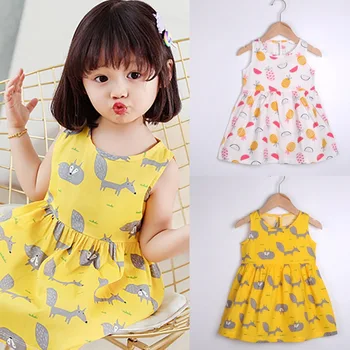 

Fashion Girls Dress Summer Thin Loose Sleeveless Cartoon Casual Dress Sweet Girls Party Princess Dress Vestidos White Yellow