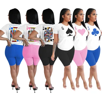 

2020 Summer Women's Suit European and American Hot Style Model Solid-color Poker JQK Print Biker Shorts Two Piece Set