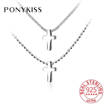 

PONYKISS Real S925 Solid Sterling silver Double layer cross Pendant Necklace Chain Women Party Fine Accessory Birthday Chic Gift