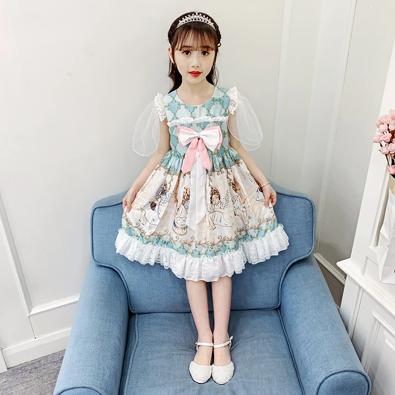 Girls dress summer bowknot short-sleeved Lolita dress children summer new girl Korean version of foreign princess skirt