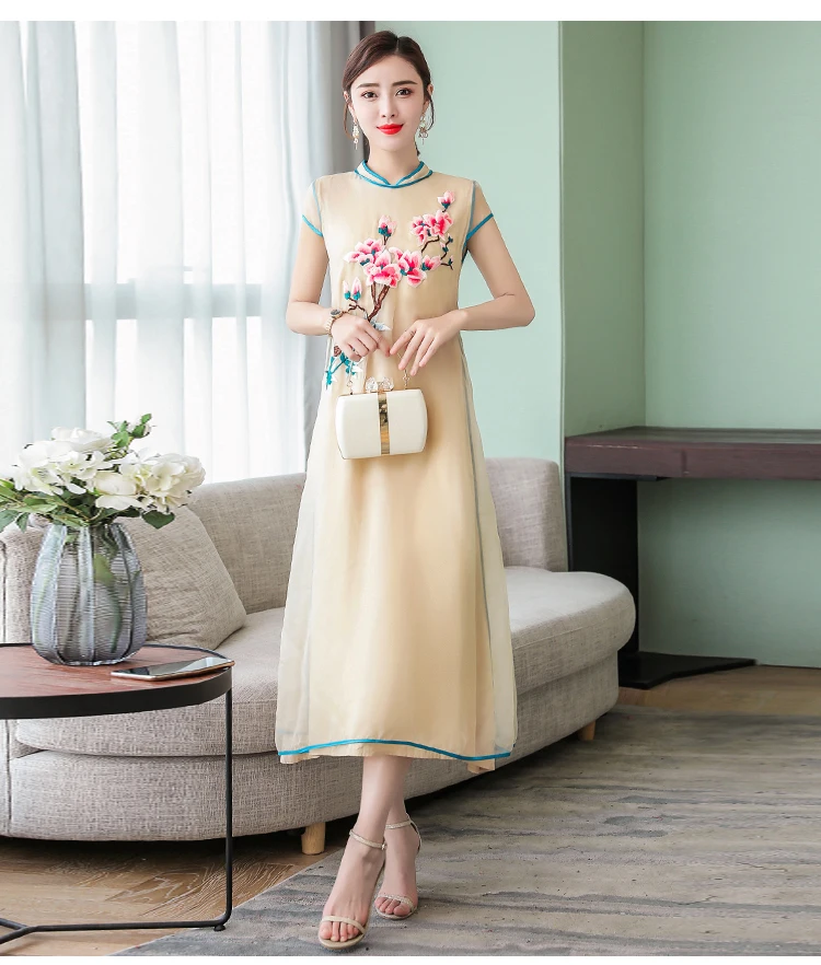Fs5972@ лето стиль женское платье ретро Cheongsam большой размер платье шифон Вышивка с коротким рукавом длинное платье