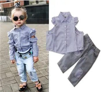 

5sets/lot Toddler girls clothing sets kids clothes striped (shirt +pants) denim girls kids set 2-7T sylvia 601191329813