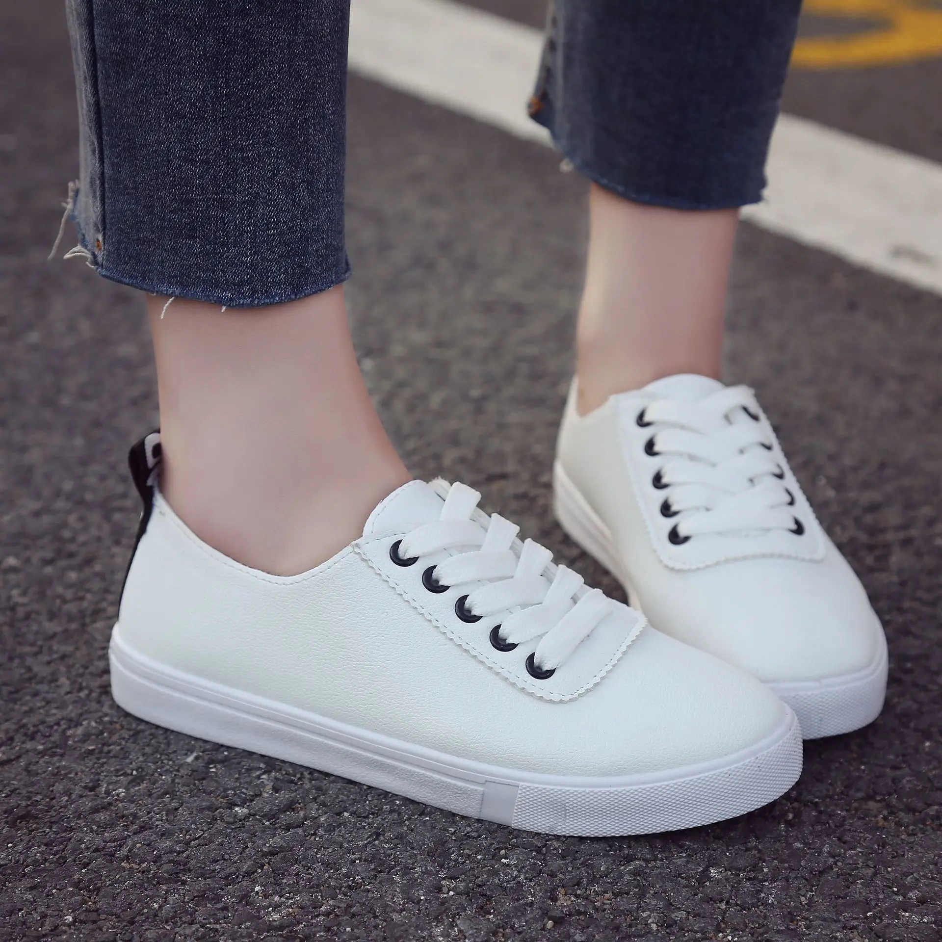 

White Shoes Women's 2018 Autumn New Style Versatile Korean-style WOMEN'S Shoes Students Tide Flat Lace-up Skate Shoes