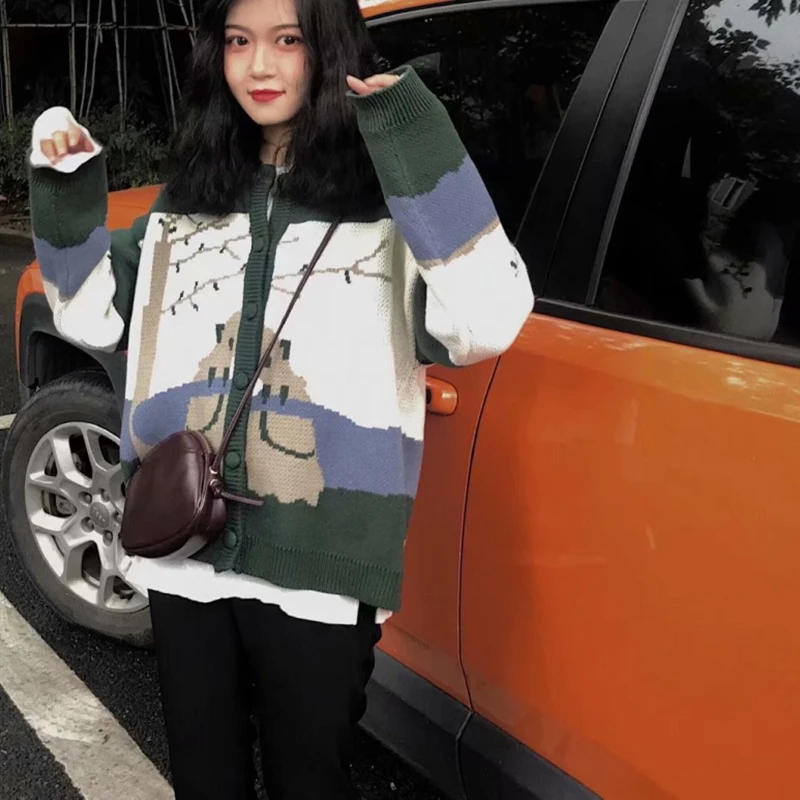 Ulzzang милый кардиган Ретро Топы сочетающихся цветов Одежда с изображением мишки с принтом с длинными рукавами для детей с вышивкой и круглым вырезом; теплый Harajuku свитер для женщин