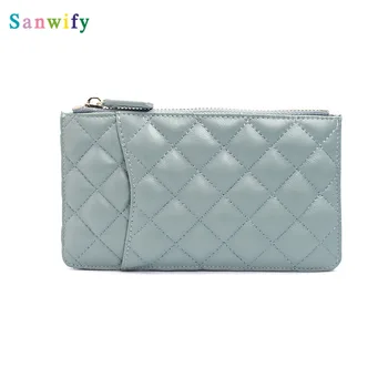 

Sheep Skin Women Card Holder Leather Zipper Wallet Plaid Purse