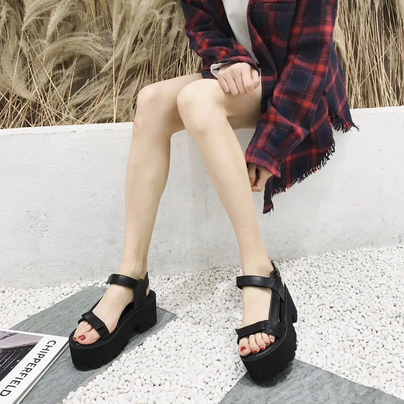 

sandalias gladiador mujer Punk Rock Gothic Sandals Women Thick Platform Square Chunky High Heels Gladiator Sandals women LJB49