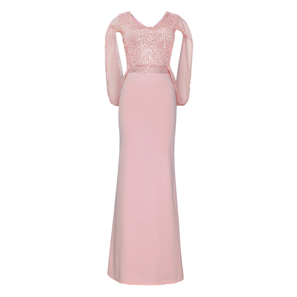 

Elegant Pink Sequin Christmas Long Dress Women New Year Sexy V Neck Bodycon High Waist Plus Size Maxi Evening Party Dress Ladies