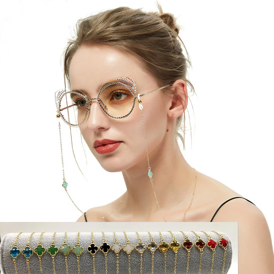 

Eyeglasses Chain 9 Color Crystal Four Leaf Shape Silicone Loops Sunglasses Chain Mask Hanging Rope Women Girls Necklace Gift