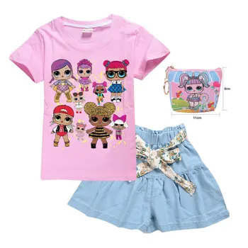 

LOL kids new cartoon cotton T-shirt + washed denim skirt pants cute girl pattern T-shirt suit