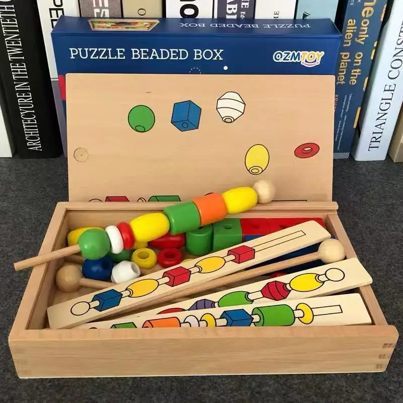 

Children Wooden Early Childhood Educational Colorful Shape Cognitive String Lanyard Game Shape Building Blocks Wear Lanyard Toy