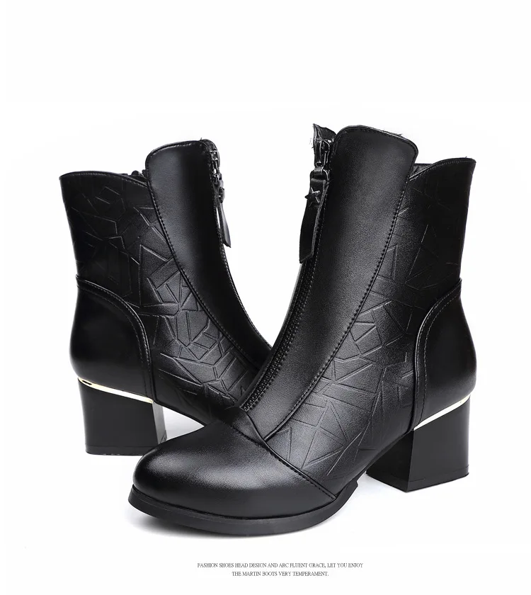SWONCO Really Leather Boots Women Block Heel Winter Shoes Lady Sexy OL Black Ankle Snow Boots Front Zipper Fashion Shoes