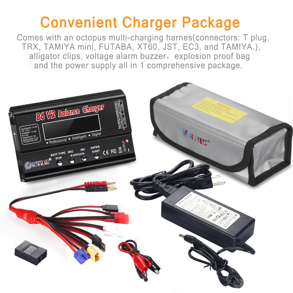 HTRC imax B6 V2 배터리 밸런스 충전기, 15V 6A AC 어댑터, LiPo 안전 배터리 가드, 방폭 가방, 8 in 1 케이블 세트, 80W