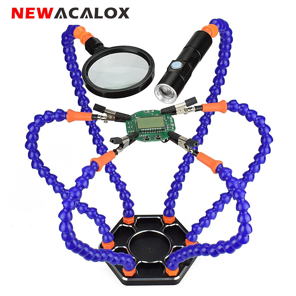 Preise NEWACALOX Third Hand Löten PCB Halter Werkzeug Sechs Arme Helping Hands mit Lupe Objektiv USB Ladung Mini LED Taschenlampe