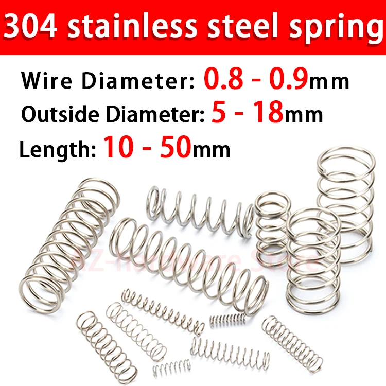 304 Stainless Steel Compression Spring Return Spring Steel Wire Diameter 0.8~0.9mm Outside Diameter 5~18mm  10 Pcs