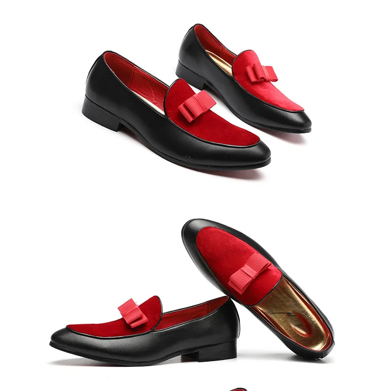 019 Gentlemen Bowknot Wedding Dress Man Flat Casual Slip on Shoes Black Patent Leather Red Suede Loafers Men Formal Shoes