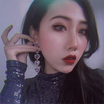 

Kpop Fashion Hyperbole Vintage Rainbow Crystal Purple Love Heart Long Dangle Earrings For Egirl Women dating Party Prom Jewelry