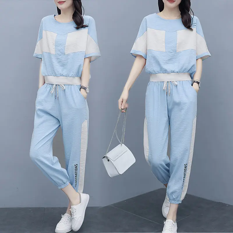 

2pcs New Women Sport Suit Short Sleeve Sportswear Fitness Suits Women Casual Pants Set Tracksuit