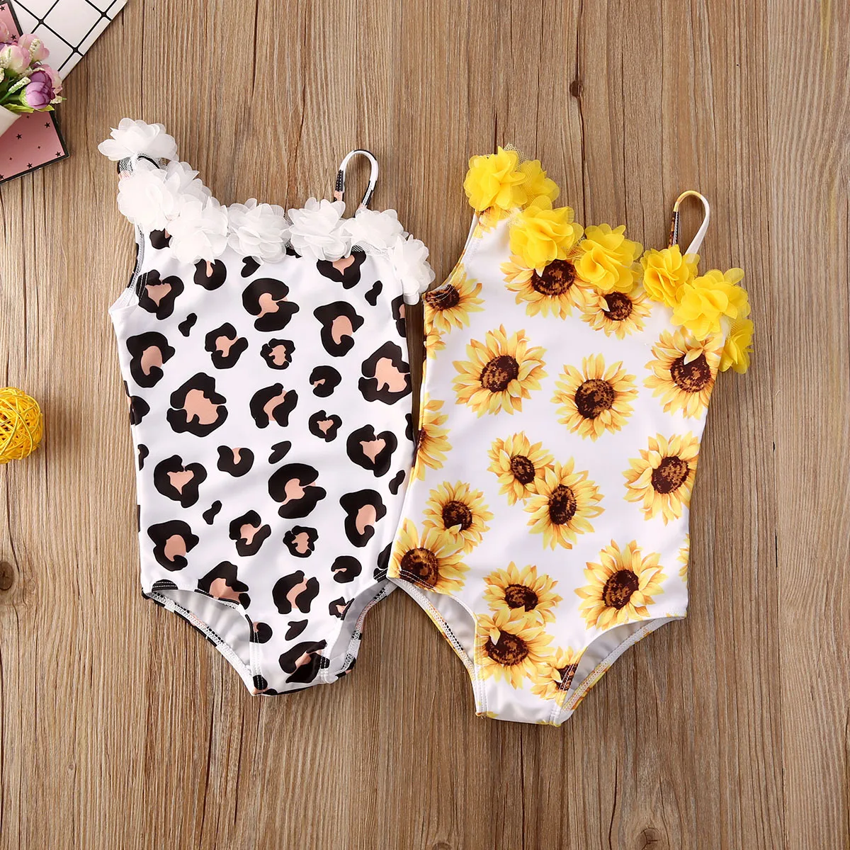 

2021 0-5Y Summer Toddler Baby Girls Bikini Sunflowers/Leopard Print Ruffles Lace One Shoulder Swimwear Beachwear