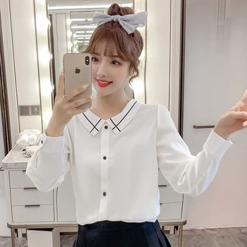 

COIGARSAM Fashion Full Sleeve Shirt Womens tops Spring Chiffon Peter pan Collar Women shirts White Blue 9873