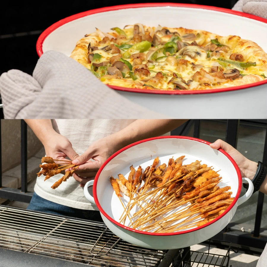 1PCS Enamel Double Ear Deep Dish Baking Tray Pastry Biscuit Bake Cake Pan Food Plates Storage Tray Dinnerware