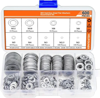 

600 Pieces 9 Sizes 304 Stainless Steel Flat Washers Assortment Kit (M2 M2.5 M3 M4 M5 M6 M8 M10 M12) delrin washer