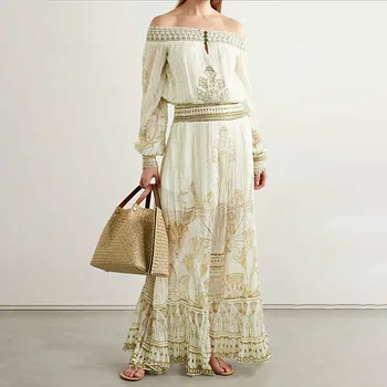 

New Fashion Runway Deigners Dress Women 2020 Autumn Vintage Off Shoulder Printed Pleated Long Dress Female