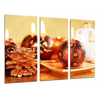 

Christmas decoration Red and Gold, Candles and Pineapple, photo print on wood, modern picture decorative 26965