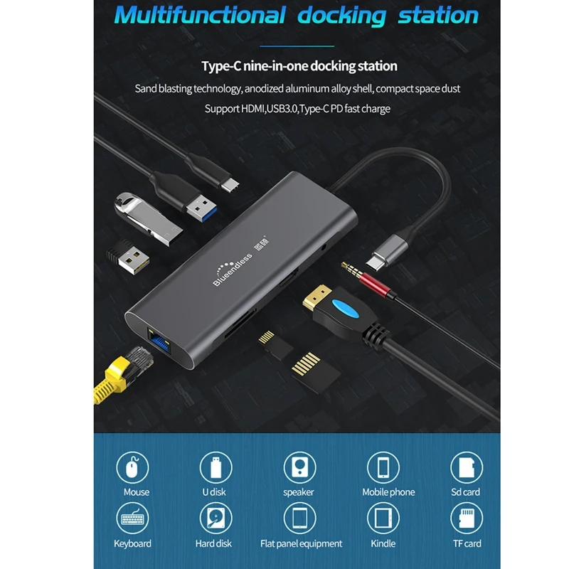 Горячая Blueendless Usb C концентратор адаптер 9 в 1 Usb C к Hdmi, 1000 Мбит/с Ethernet Lan порт, 3,5 мм Aux, 3X Usb 3,0, Tf/Sd кард-ридер для
