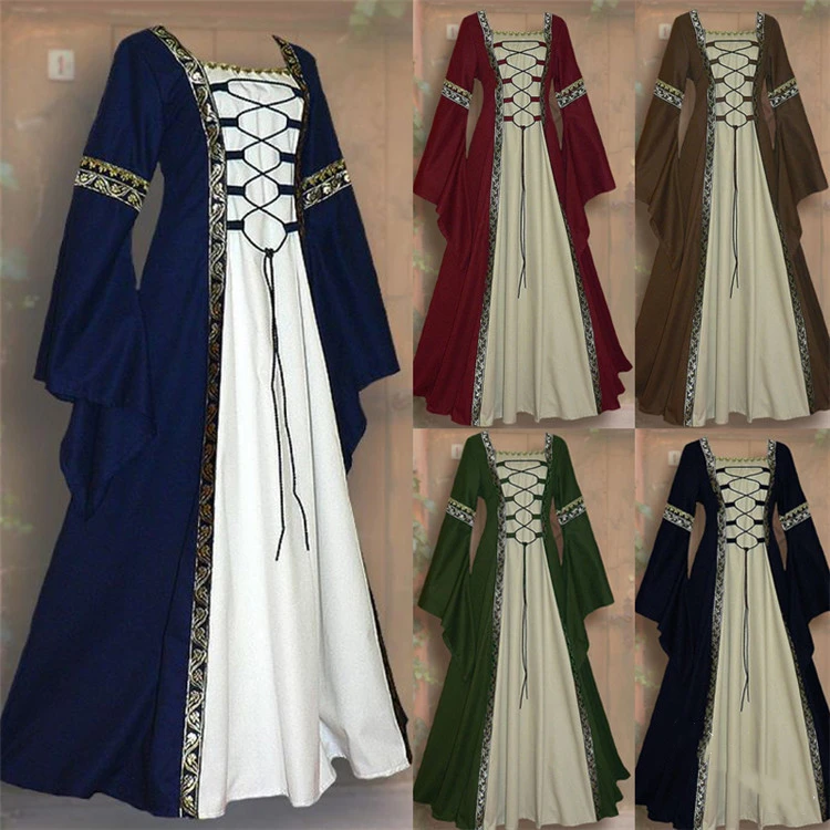 

Dromiya Women's Fashion Vintage Celtic Long Sleeve Medieval Dress Floor Length Renaissance Gothic Cosplay Halloween Costume