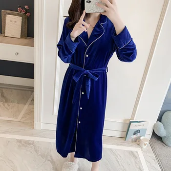 

Spring autumn thin women's sexy blue velvet pajamas casual homewear bathrobe long sleeves long robe morning gown loose robe
