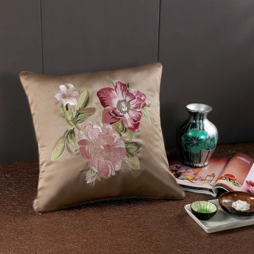 Атлас Вышивка Узор цветы пиона Подушка Cojines Decorativos Para диван год домашние декоративные подушки - Цвет: 03