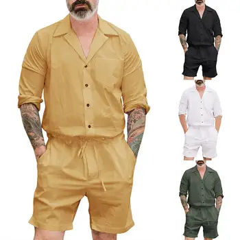 

Casual Long Sleeve Bathrobe Shirt Drawstring Shorts Jumpsuit Men Solid Color Romper Bathrobe