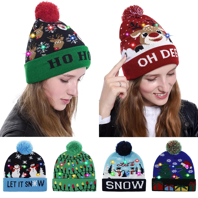 

Unisex LED Colorful Lighted Christmas Beanie Hat Knitted Cap Kawaii Santa Claus Antler Snowflake Party Cap 3 Flashing Modes