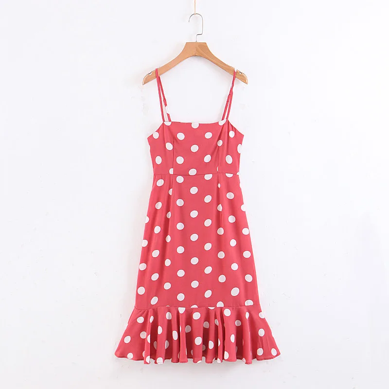 

2019 Western Style Spring And Summer Women's Dress New Style Pink Polkadot Flounced Strapped Dress