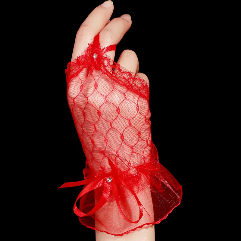 H51de44ff92e74ecb8da2046425965204W Elegan Lace Short Bridal Gloves Inlaid Rhinestone Bowknot Slim Bridal Fingerless Gloves White Ivory Wedding Gown Accessories Mallzona