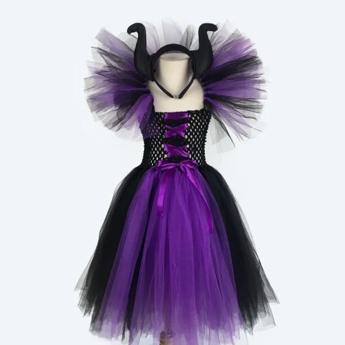 Maleficent/платье-пачка ведьмы для девочек; детское платье из тюля, вязаное крючком; Цвет черный, фиолетовый; бальное платье с бантом для волос; Детский костюм на Хэллоуин; платье - Цвет: Черный