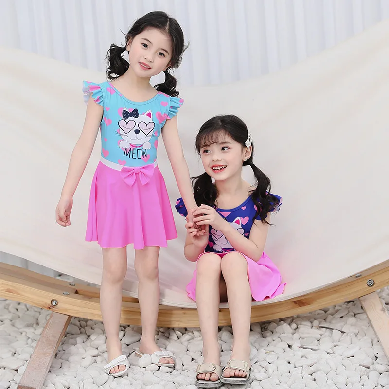 

Hao zhi lang 2019 New Style KID'S Swimwear GIRL'S Cute Playful Cat Small Bow Princess Skirt a Generation of Fat