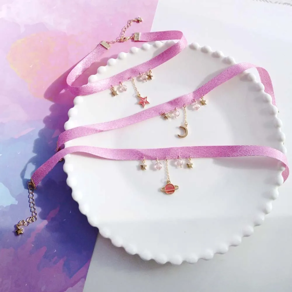 1 шт ожерелья Harajuku синий розовый цвет бархатная лента веревка чокер цепь земля Луна Звезда Кулон аксессуары подарок ювелирные изделия