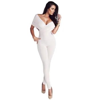 

2019 Sexy V Neck Batwing Sleeve Pencil Jumpsuit Summer Women Solid Casual Romper Bodycon Long Overalls