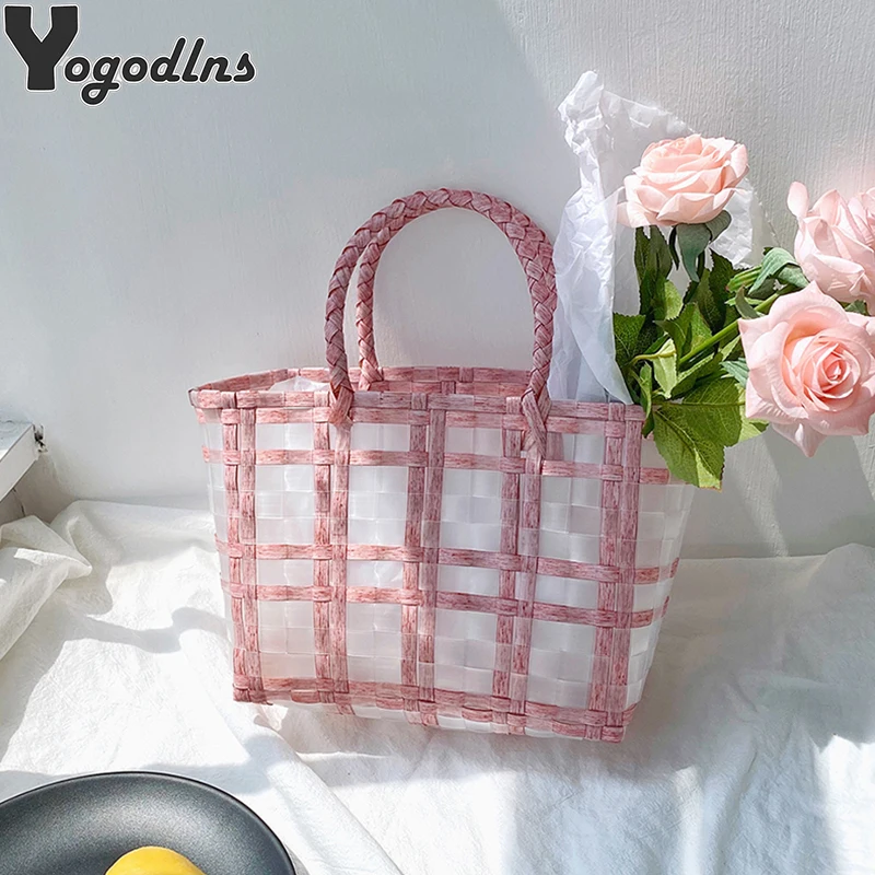 Bolso de a rayas a cuadros para mujer, bolsa de hombro de gran capacidad, impermeable, transparente, tejido para la playa - AliExpress