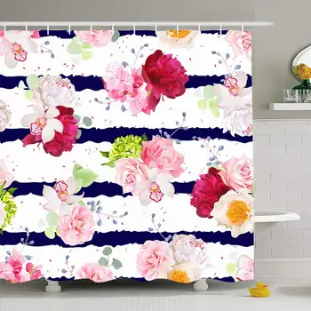 

Shower Curtain Set with Hooks 72x72 Elegant Elements Pink Isolated Navy Drawing Striped Print with Bouquets Rose Peony Nature