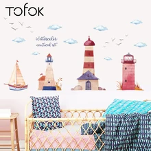 Tofok акварельный маяк лодка Наклейка на стену ручная окрашенный детская комната гостиная Фоновые наклейки декор для детской комнаты обои