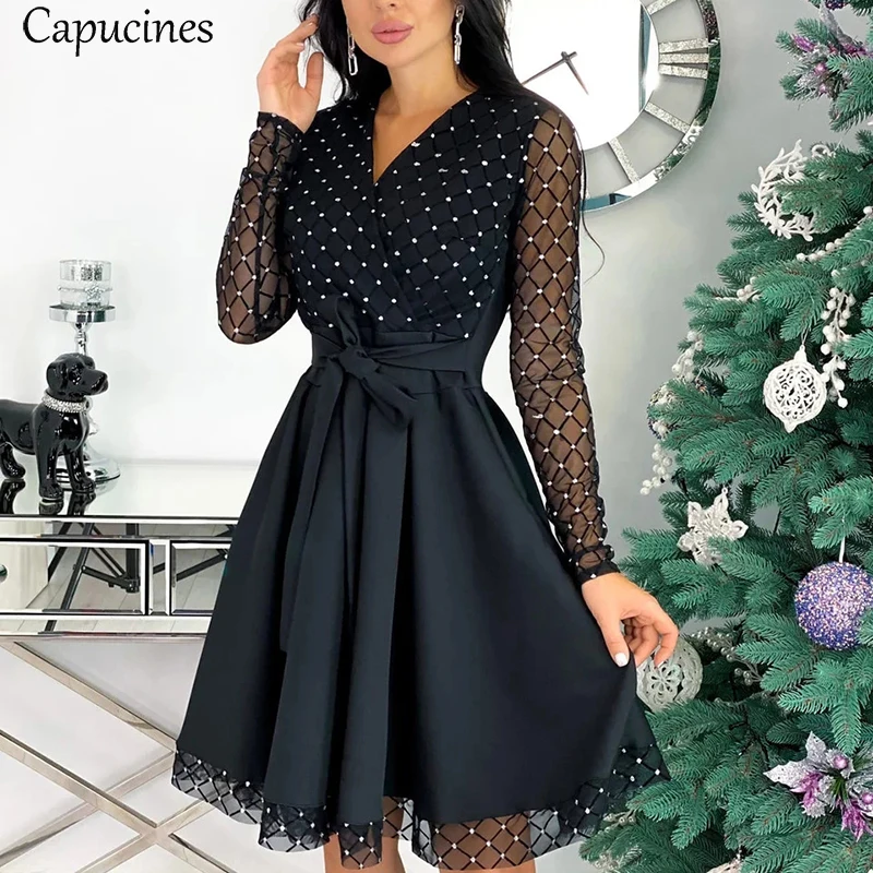 Woman Dress Stitching Mesh Spring Sequin Long-Sleeve Capucines Elegant Ladies Autumn