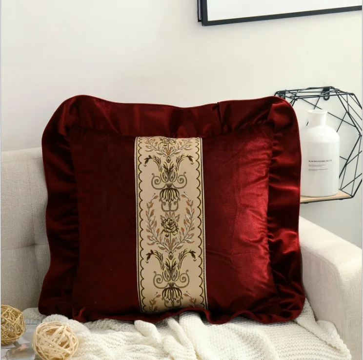 Роскошная велюровая Подушка с вышивкой, украшение, фляжка, кружевная наволочка, красное Европейское бархатное декоративное покрывало для дивана, подушка