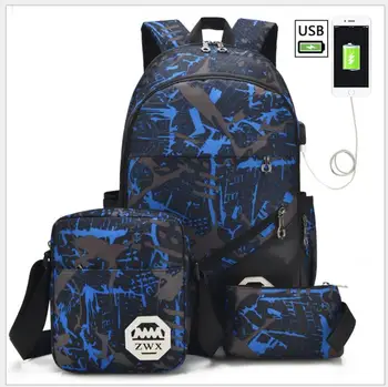 

3pcs USB Male backpack bag set red and blue high school bag for boys one shoulder big student book bag men school backpack women